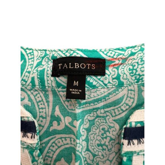 Talbots Green Paisley Green White Trim 100% Cotton Side Slits Tunic Top Size M - Picture 2 of 4